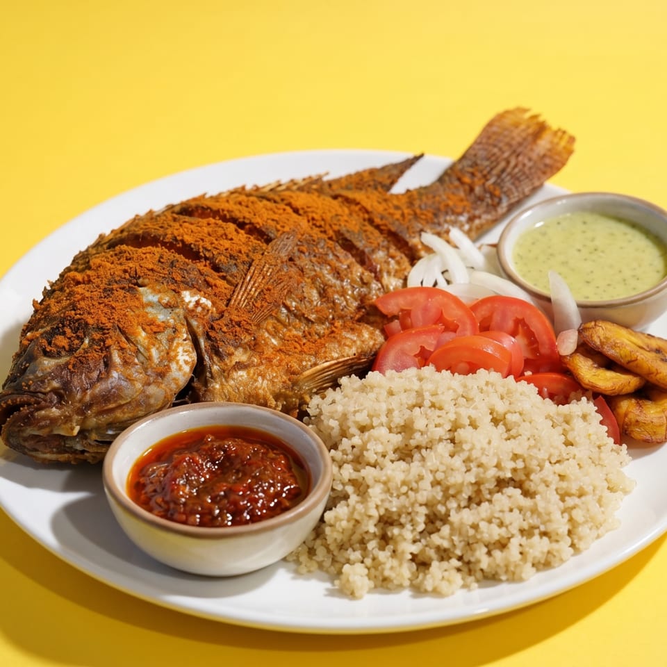 Whole fried fish with red spice, quinoa, sliced tomatoes, onions, plantains, and two sauces.