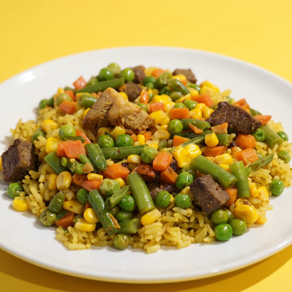 A white plate holds yellow rice mixed with green beans, peas, corn, carrots, and beef chunks.