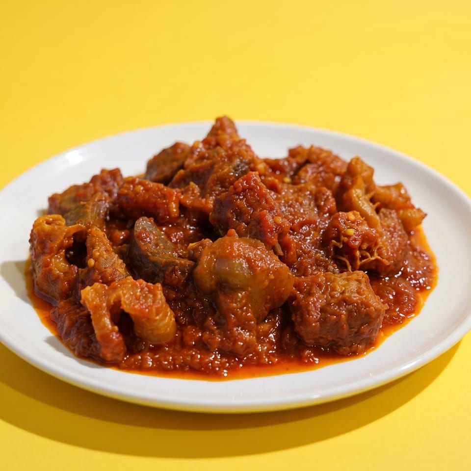 A white plate filled with a rich, reddish-brown stew against a bright yellow background.