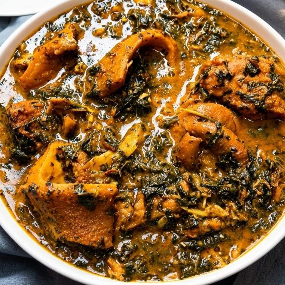 A close-up of a white bowl filled with a rich, green, and orange stew with meat.