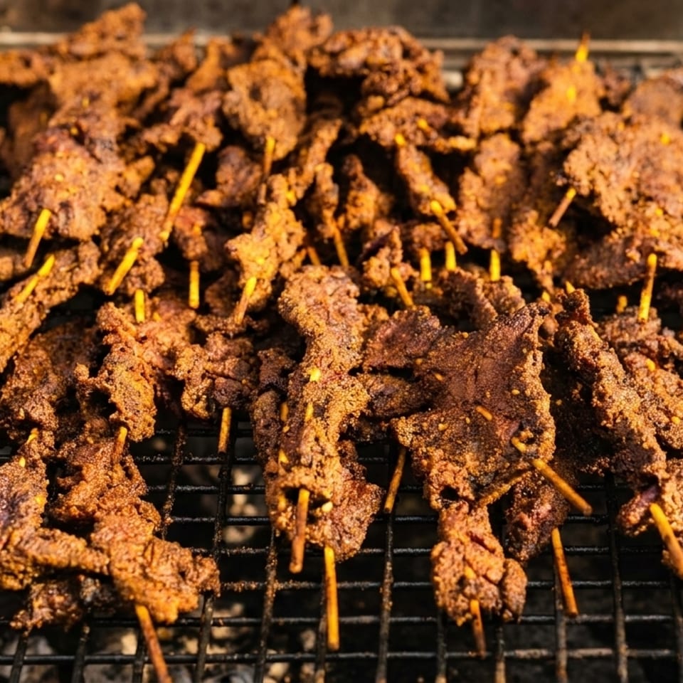 Numerous skewers of seasoned meat, possibly beef suya, cooking on a dark metal grill.